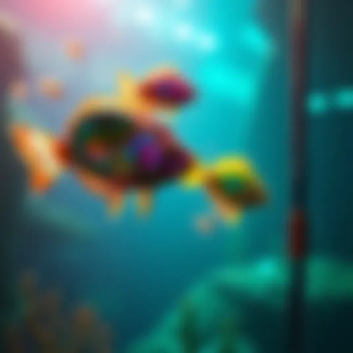 A colorful fishing pole with alien fish swimming around, representing a mini game concept for Bungie's game.