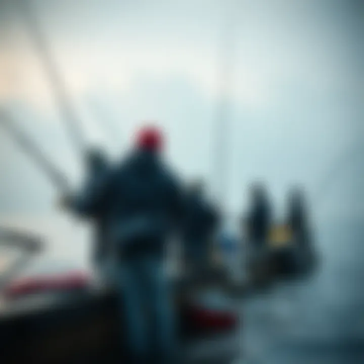 People enjoying a fishing trip with rods by the water during season of the deep