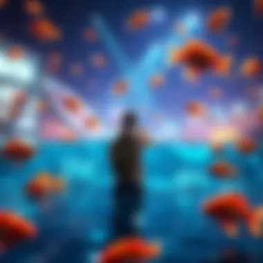 A player casting a fishing line in a virtual game, surrounded by vibrant water and animated fish.