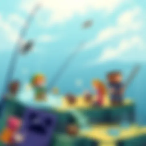 An illustration showing various fishing mini-games like Ocarina of Time, Stardew Valley, and Minecraft, with fishing rods and characters involved in fishing