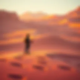 A character stands on quicksand holding a fishing rod, surrounded by a colorful desert landscape in Crimson Desert.