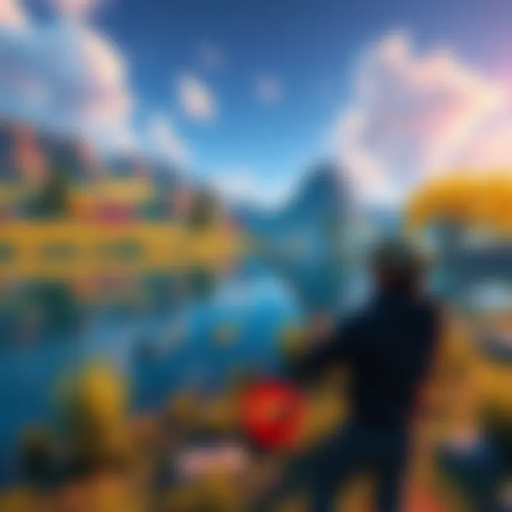 A character fishing by a tranquil lake in a colorful video game landscape
