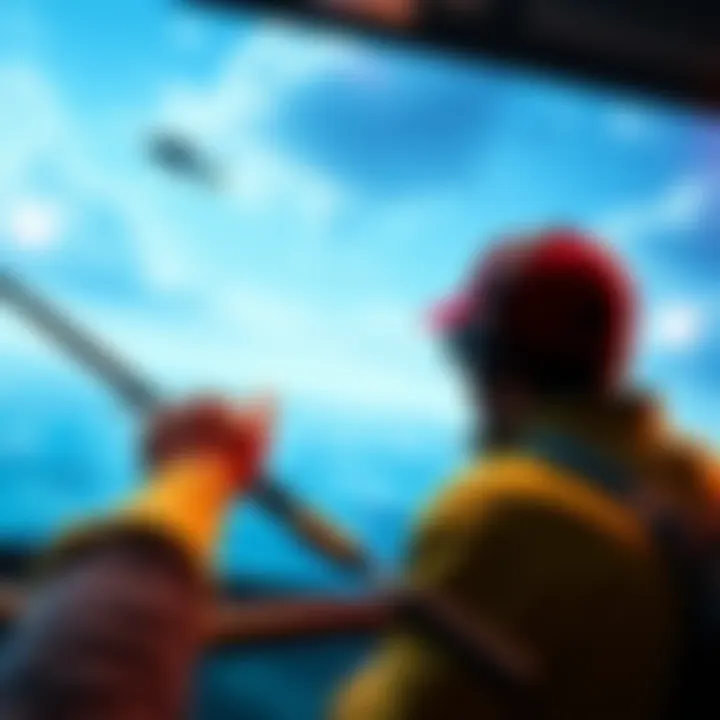 A player focused on catching a fish in a video game environment, with a fishing rod and water visible on screen.