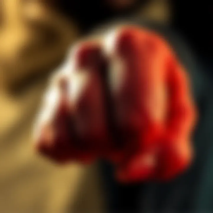 Fist striking forward A close-up of a fist about to make contact, symbolizing violence and its consequences, with a shadowy background that suggests danger and seriousness.