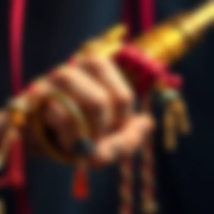 Close-up of a fist weapon featuring colorful dangling jewelry and decorative ropes