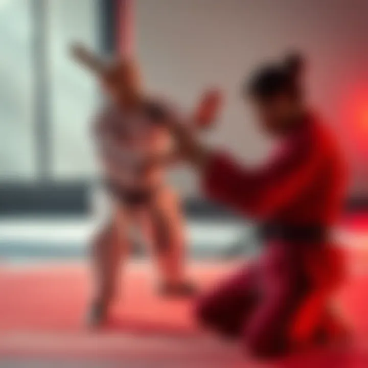 A martial artist demonstrating techniques with fists and tonfa on a training mat