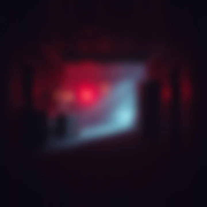 Fixed camera view in horror game A fixed camera angle showing a dark, creepy room filled with ominous shadows and unsettling decor, evoking a sense of fear and suspense.