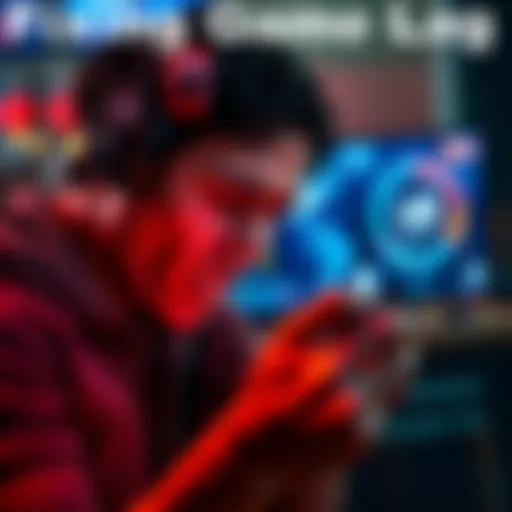 A gamer frustrated with lag while playing on a Samsung S22 Ultra smartphone, showing the screen with a lag indicator.