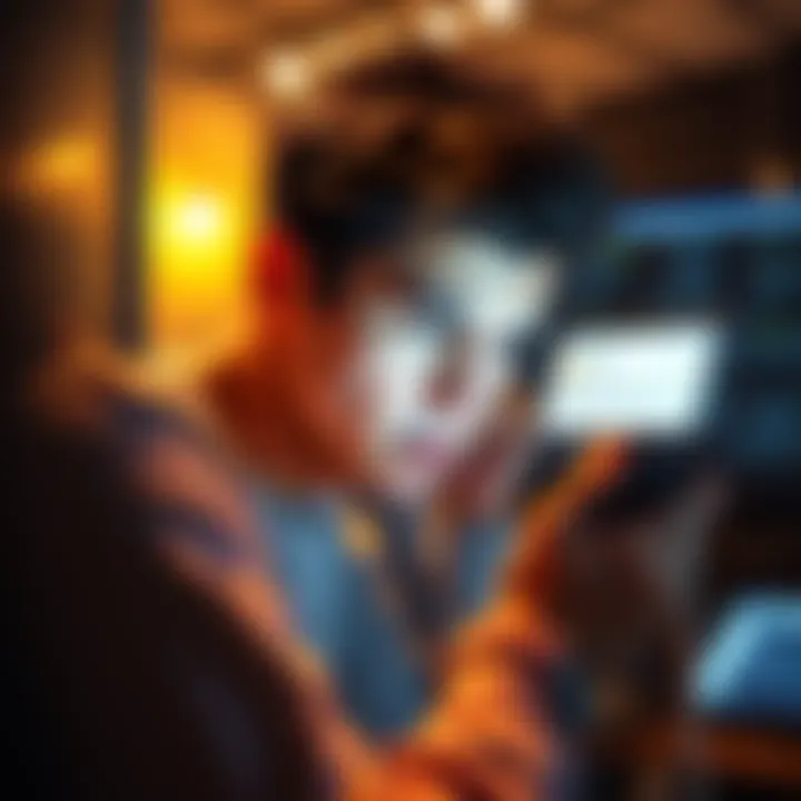 A person troubleshooting their Outlook email account on a mobile device, looking frustrated with error messages on the screen.