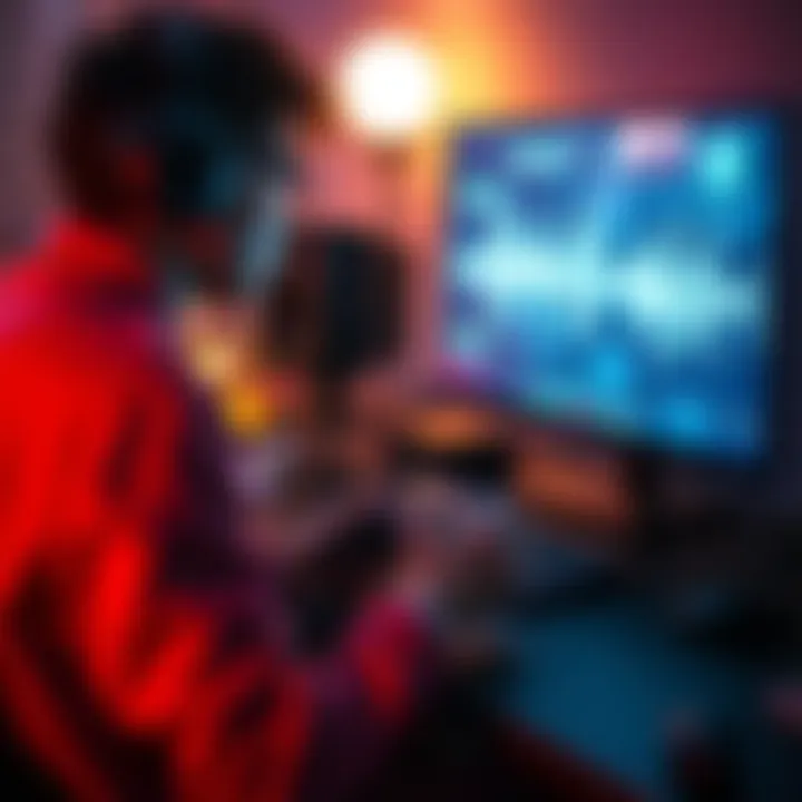 A gamer sits at a desk, focused on a computer and game controller, with sound issues illustrated as noise waves on the screen.
