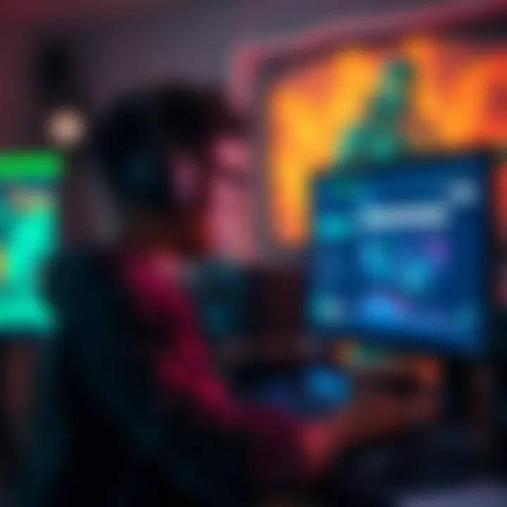 Fixing FPS Drops in Gaming A gamer troubleshooting FPS drops on a PC with multiple screens and gaming equipment