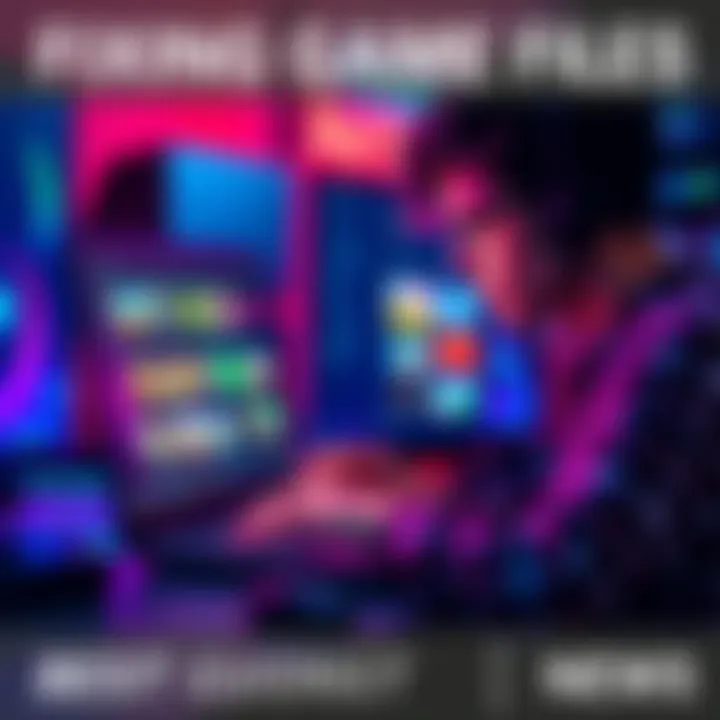 Fixing Game Files A person troubleshooting a computer game issue with a laptop and game icons on the screen