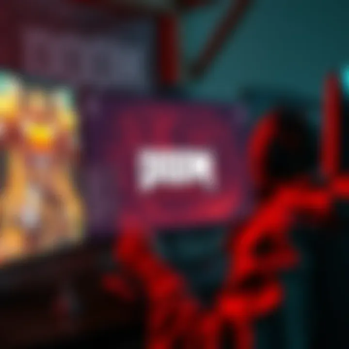 A gamer adjusting settings on a gaming monitor while playing Doom Dark Ages, focusing on graphics options to improve visual clarity.