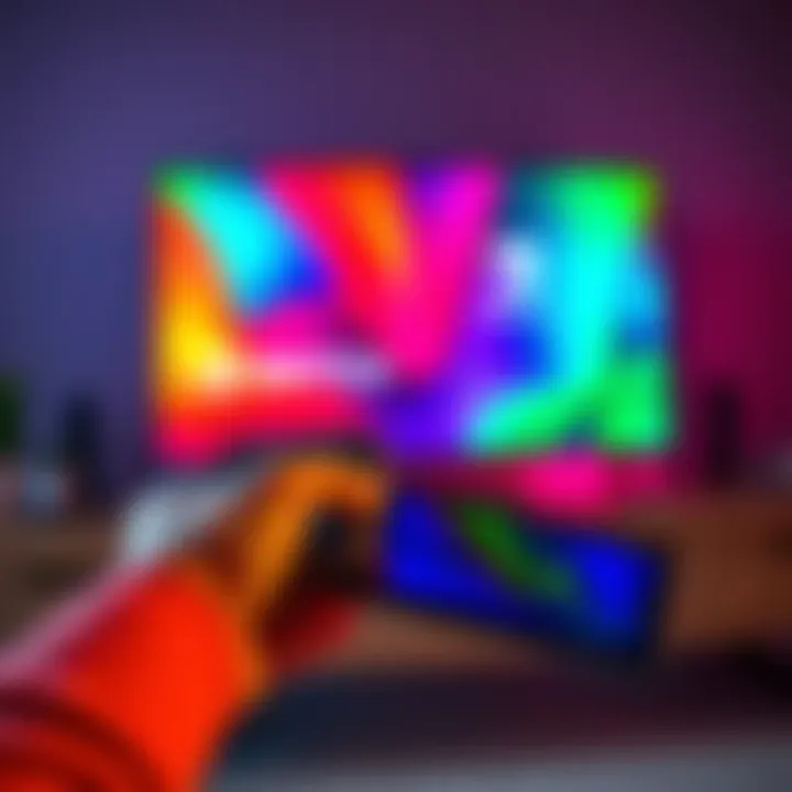 Person adjusting HDR settings on a gaming console connected to a TV, showing vibrant colors on screen.