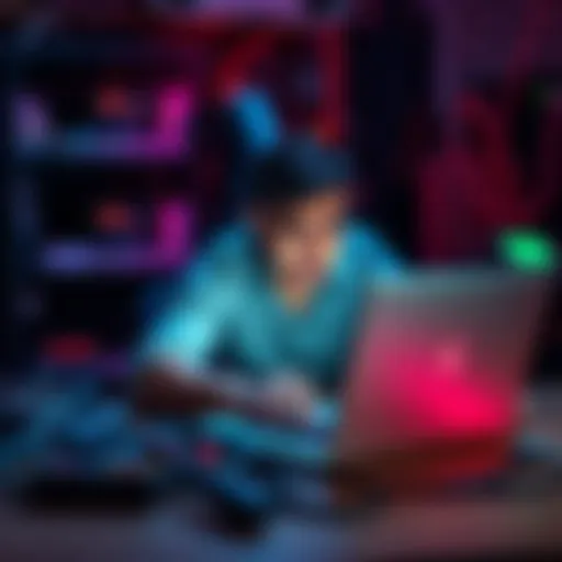 A person troubleshooting internet problems on a laptop while looking frustrated, surrounded by cables and tools.