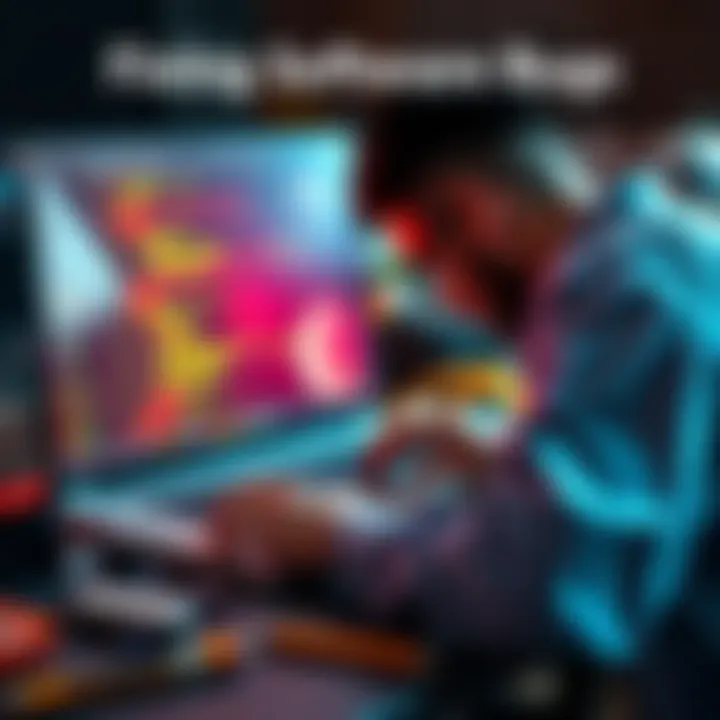 A person troubleshooting software on a laptop, with code visible on the screen and tools nearby.