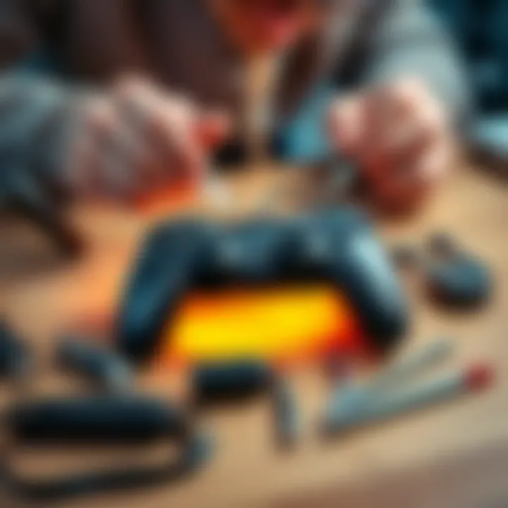 A person repairing a gaming controller to fix stick drift issues with tools laid out beside them.