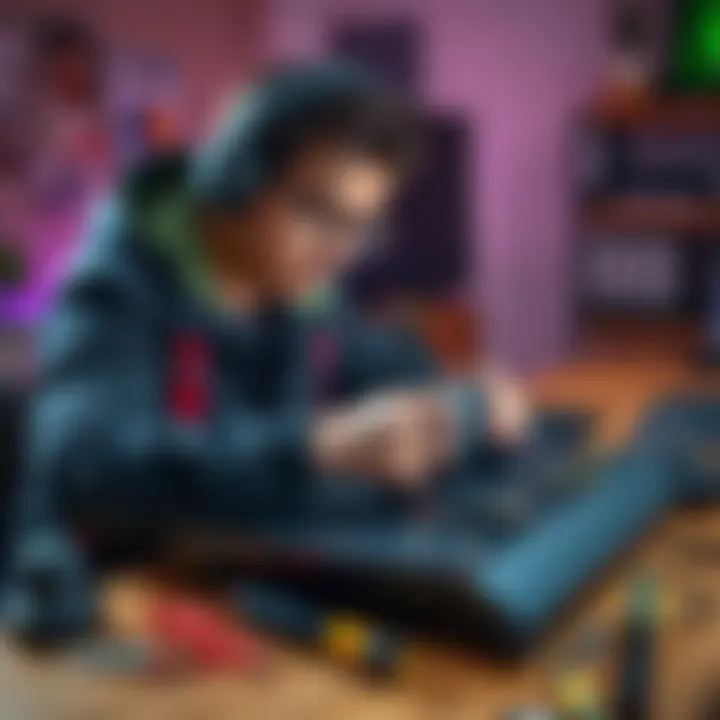 A gamer troubleshooting an Xbox console with tools on a table