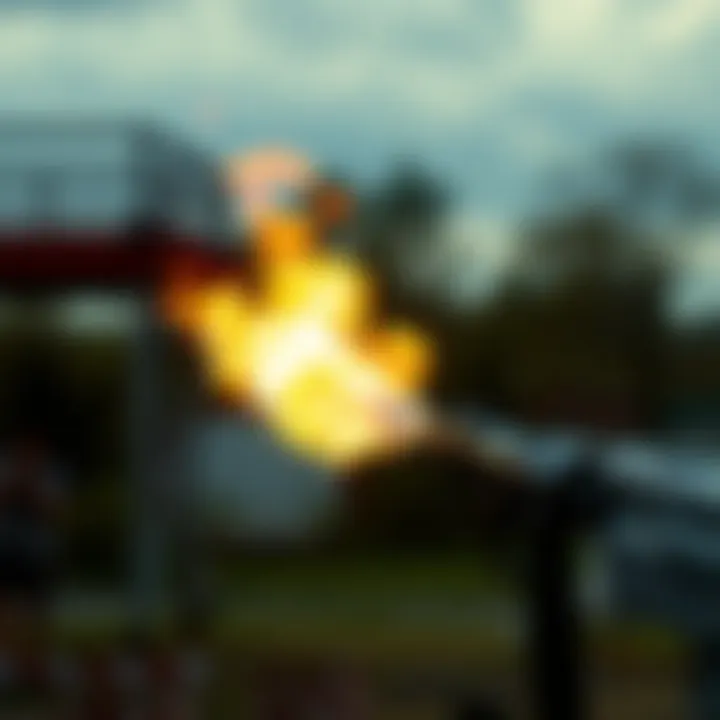A flamethrower shooting flames into the air in an outdoor setting, highlighting its potential dangers.