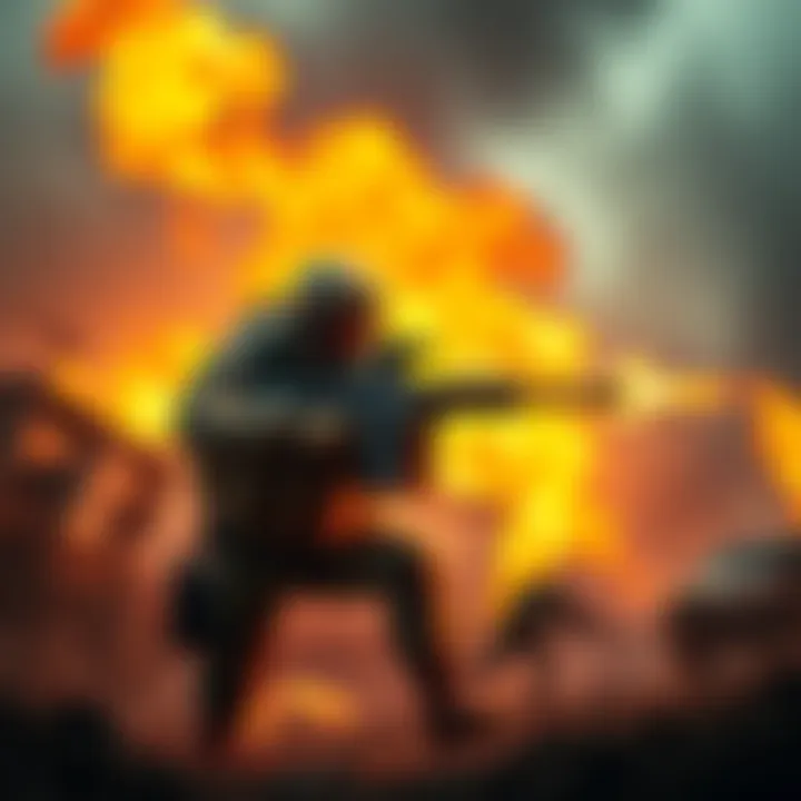 Flamethrower in Action A soldier using a flamethrower in a battlefield scene, showcasing intense gameplay mechanics.