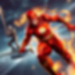 The Flash racing toward Heimdall, who stands ready with his sword, showcasing their speed and reflexes in a dynamic scene.