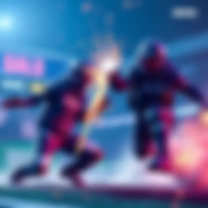 Two gaming characters making a dynamic flashy save move in a competitive 2v8 match