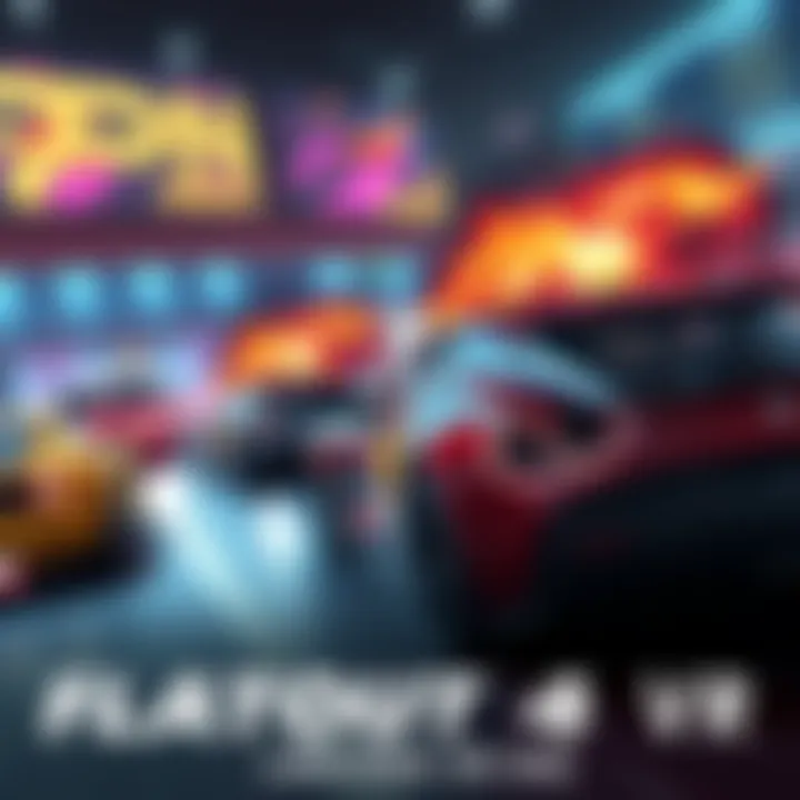 Fast cars racing in a virtual environment with intense crashes and action