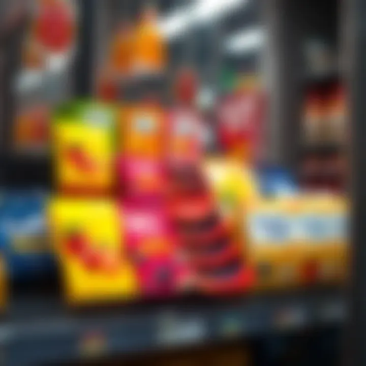 Flavored Condoms Display A variety of flavored condoms on a store shelf, showcasing colorful packaging including fruits like strawberries and bananas.