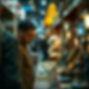 A person browsing through a stall at a flea market with unusual and suspicious items on display