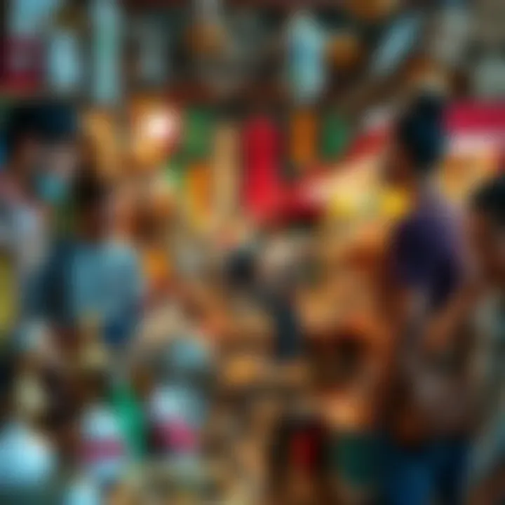 A vibrant flea market scene with people browsing through unique vintage items and collectibles.