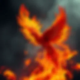 A young, ugly phoenix rising from colorful flames, symbolizing struggle and rebirth.