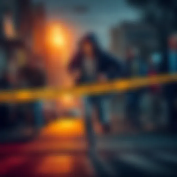 A person running away from a scene marked by police tape, with concerned onlookers in the background, highlighting community reactions.