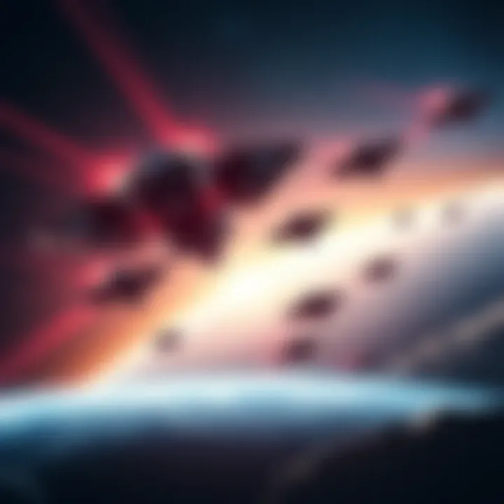 A fleet of futuristic ships entering a planet's atmosphere, with bright lights and energy trails in the background.