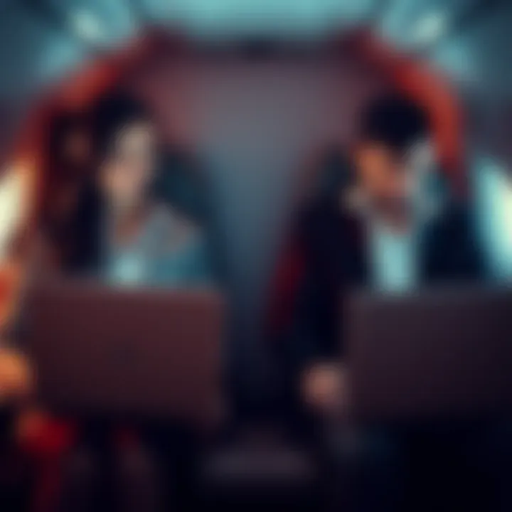 Domina and Saxton Hale sitting on a plane, preparing for a business meeting, with their laptops open and focused expressions.