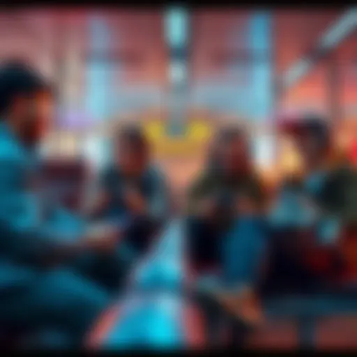 Group of gamers enjoying quick loot runs in a waiting area during a flight delay, sharing laughs and strategies.