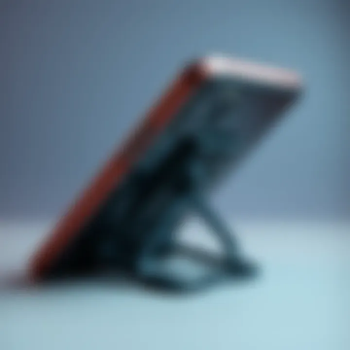 A close-up of a mobile device case with a broken kickstand, showing the poor quality and design