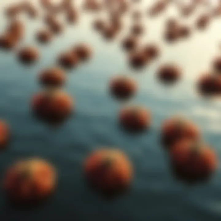 A view of floating husks on a calm body of water, reflecting sunlight