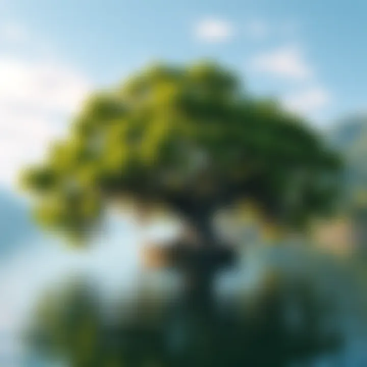 A large tree floating on calm water surrounded by greenery, showing a surprising natural phenomenon.
