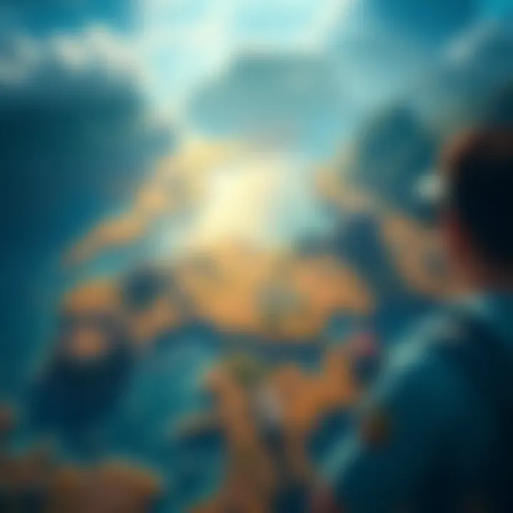 An expansive game map submerged in water, showing only the tops of structures and terrain, with players observing the scene.