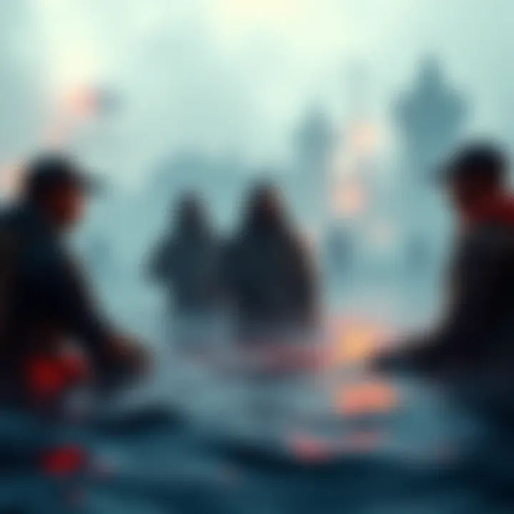 Floods and Sniper Discussion A group of players discussing in front of rising floodwaters, debating sniper effects on the environment.