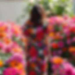 A person wearing a vibrant floral dress standing in a garden full of blooming flowers.