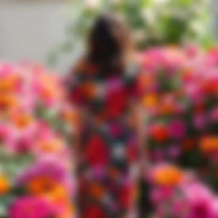 Floral Inspired Fashion A person wearing a vibrant floral dress standing in a garden full of blooming flowers.