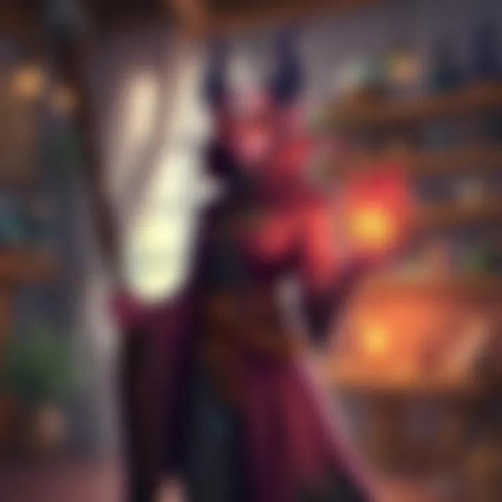 A colorful tiefling character named Florence, with vibrant skin and unique features, stands in a cozy setting. She wears a robe adorned with nature motifs and holds a magical staff, radiating warmth and charm.