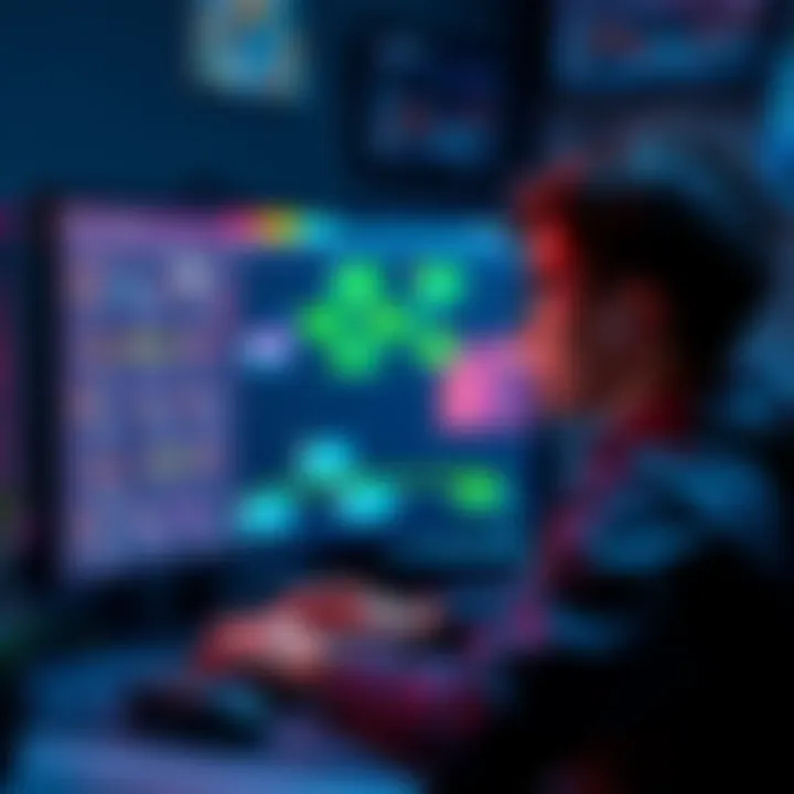 A gamer looking at a flow chart on a computer screen, contemplating how to transfer it to a full game.