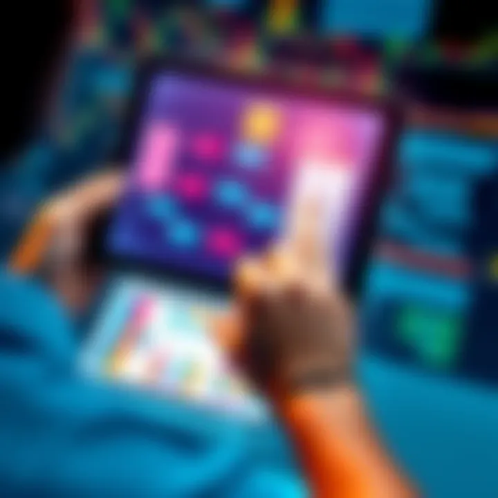 A person using a tablet to create a colorful flowchart, showcasing an organized data structure.