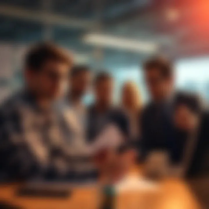 A group of frustrated employees discussing their negative experiences with a boss in a workplace setting