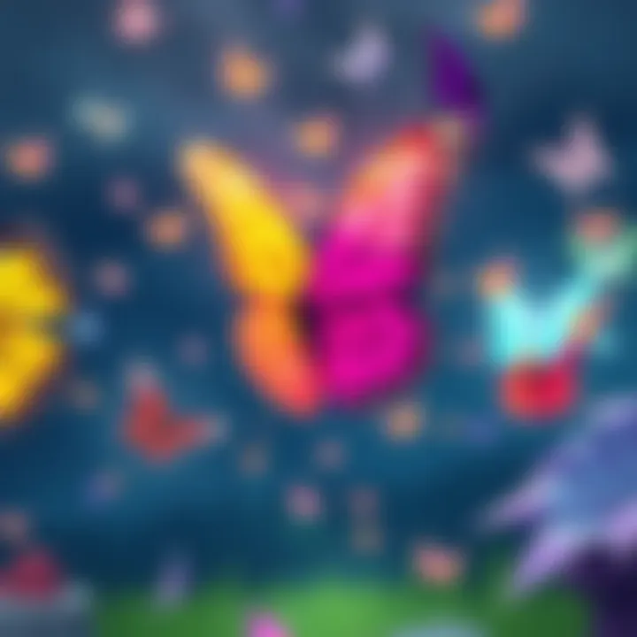 Flutter Bug Fix Illustration Illustration showing colorful butterflies rendered ineffective in a gaming environment after a bug fix by Epic Games.