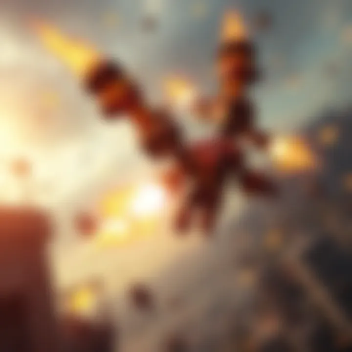 A character in a video game resembling a robot with flames shooting from its arms, hovering in the air, creating chaos in a gaming environment.