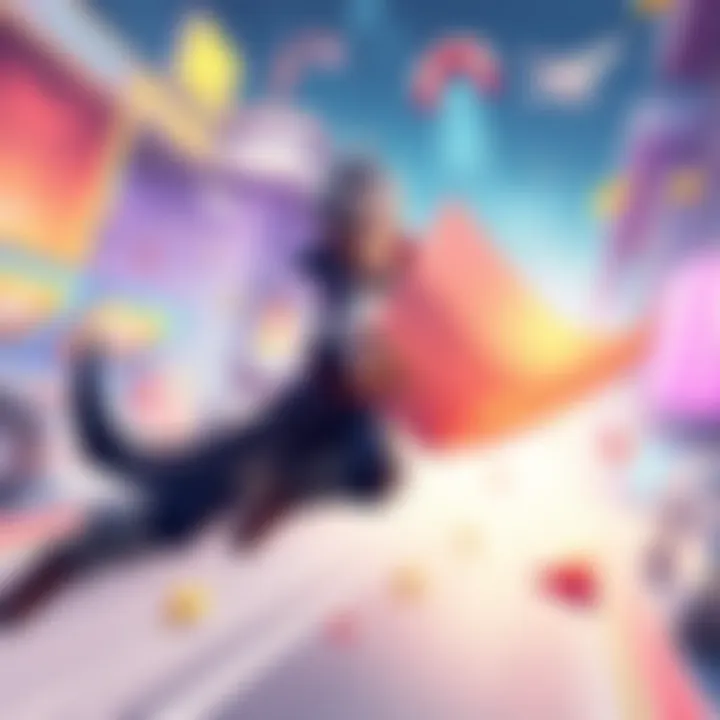 A character using the Blinding Rush ability to obtain a flying paper in a vibrant gaming environment