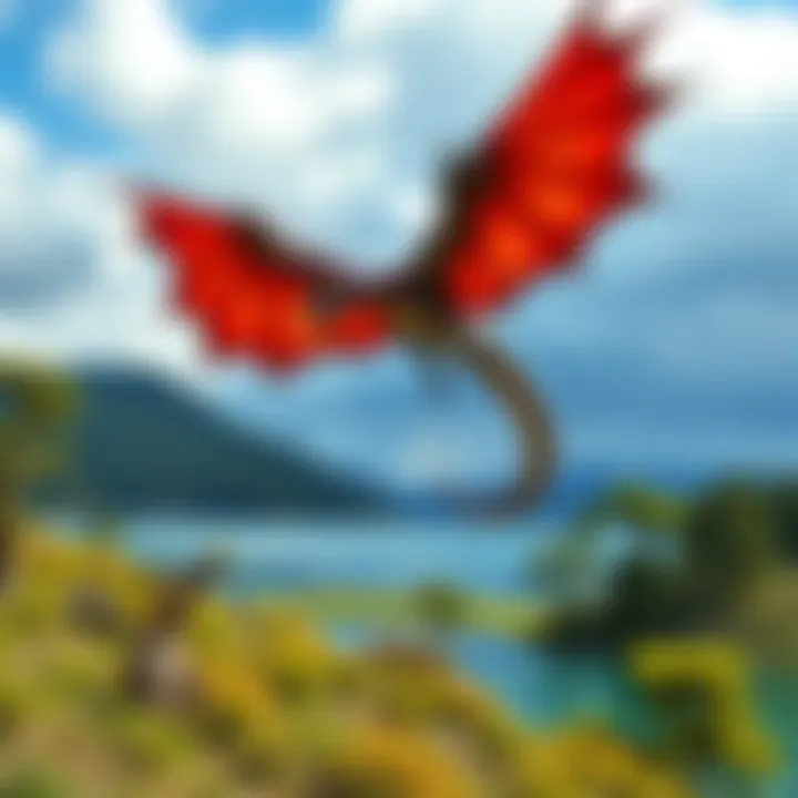 A powerful Flying Wyvern soaring above Mirror Lake, with the Invasive Seregios in the background.